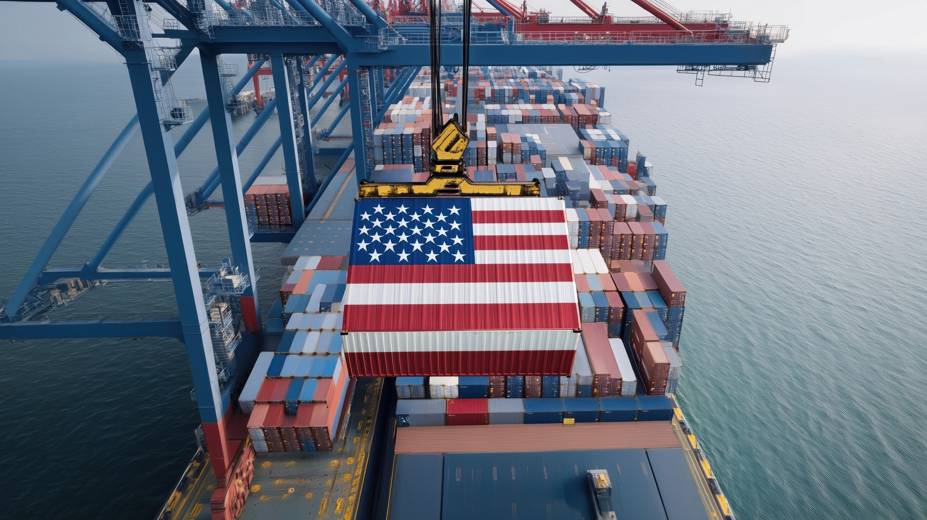 Hafenkran hebt Container mit amerikanischer Flagge auf ein Frachtschiff mit Containern