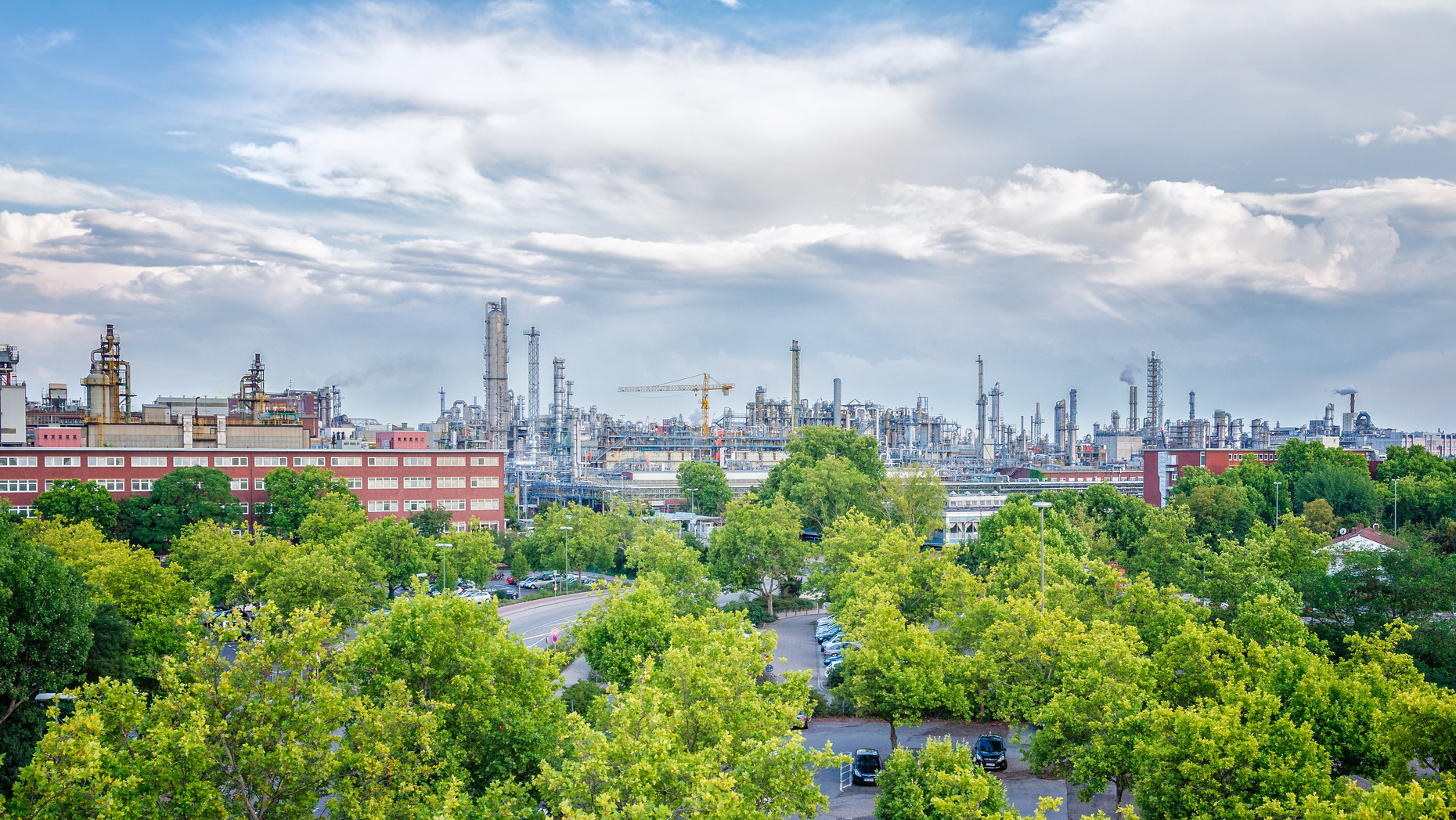 Aussicht auf das BASF Werk Ludwigshafen mit Bäumen im Vordergrund
