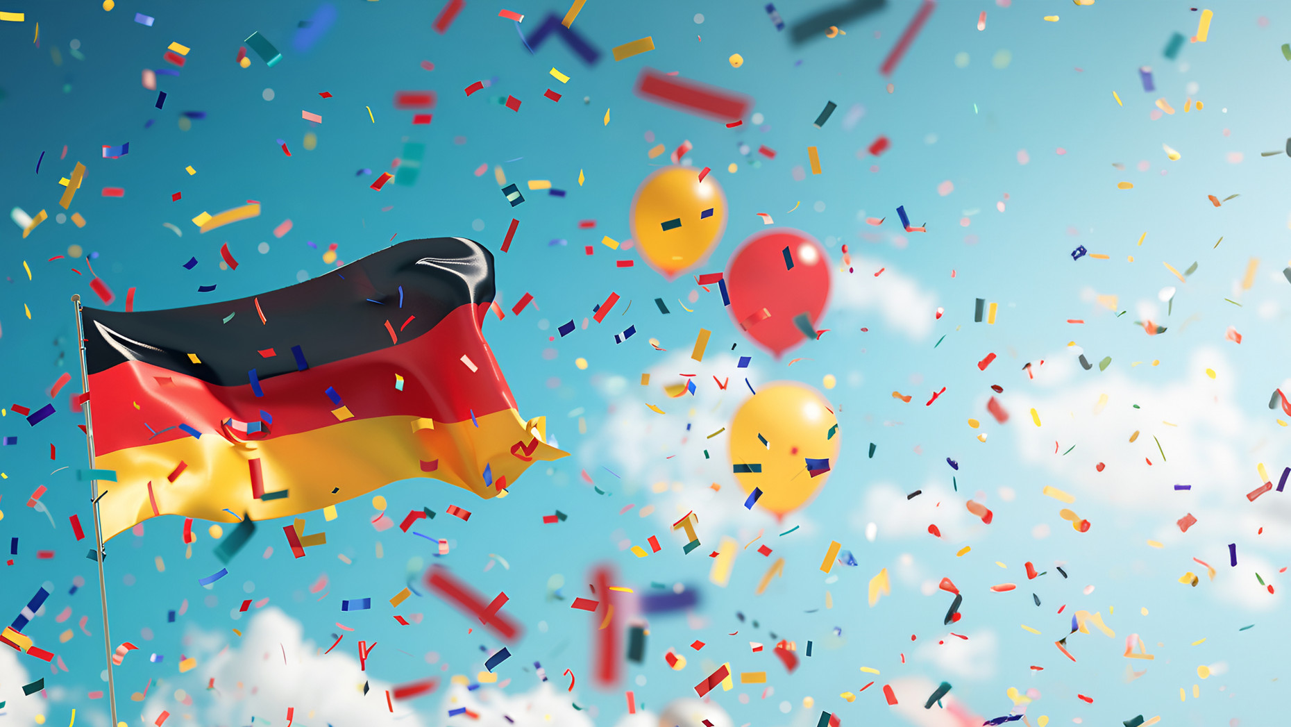 Deutsche Flagge mit Luftballons und Konfetti vor blauem Himmel