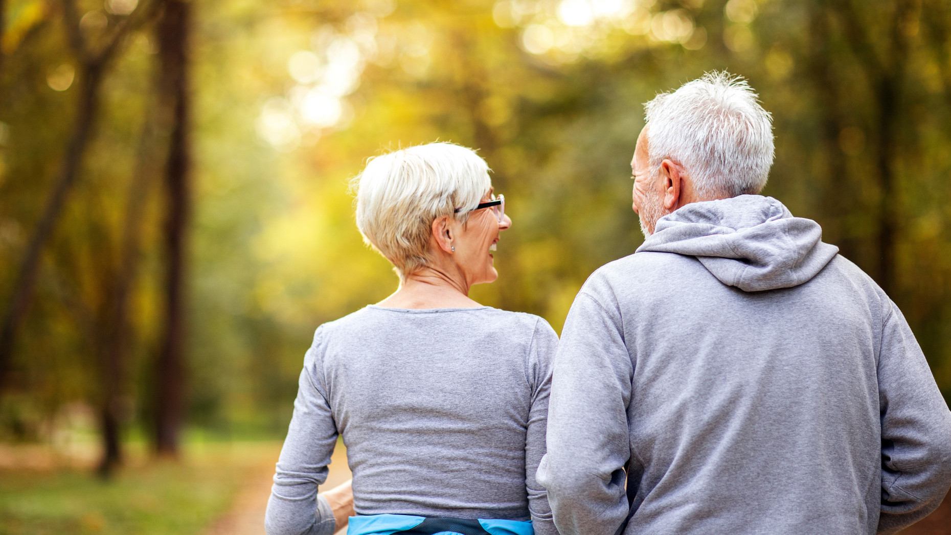 Rückansicht auf ein älteres Paar in einem Wald spazierend