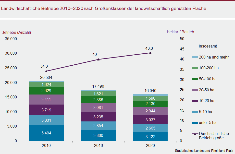 Säulendiagramm: Landwirtschaftliche Betriebe 2010 - 2020 nach Größenklassen der landwirtschaftlich genutzten Flächen
