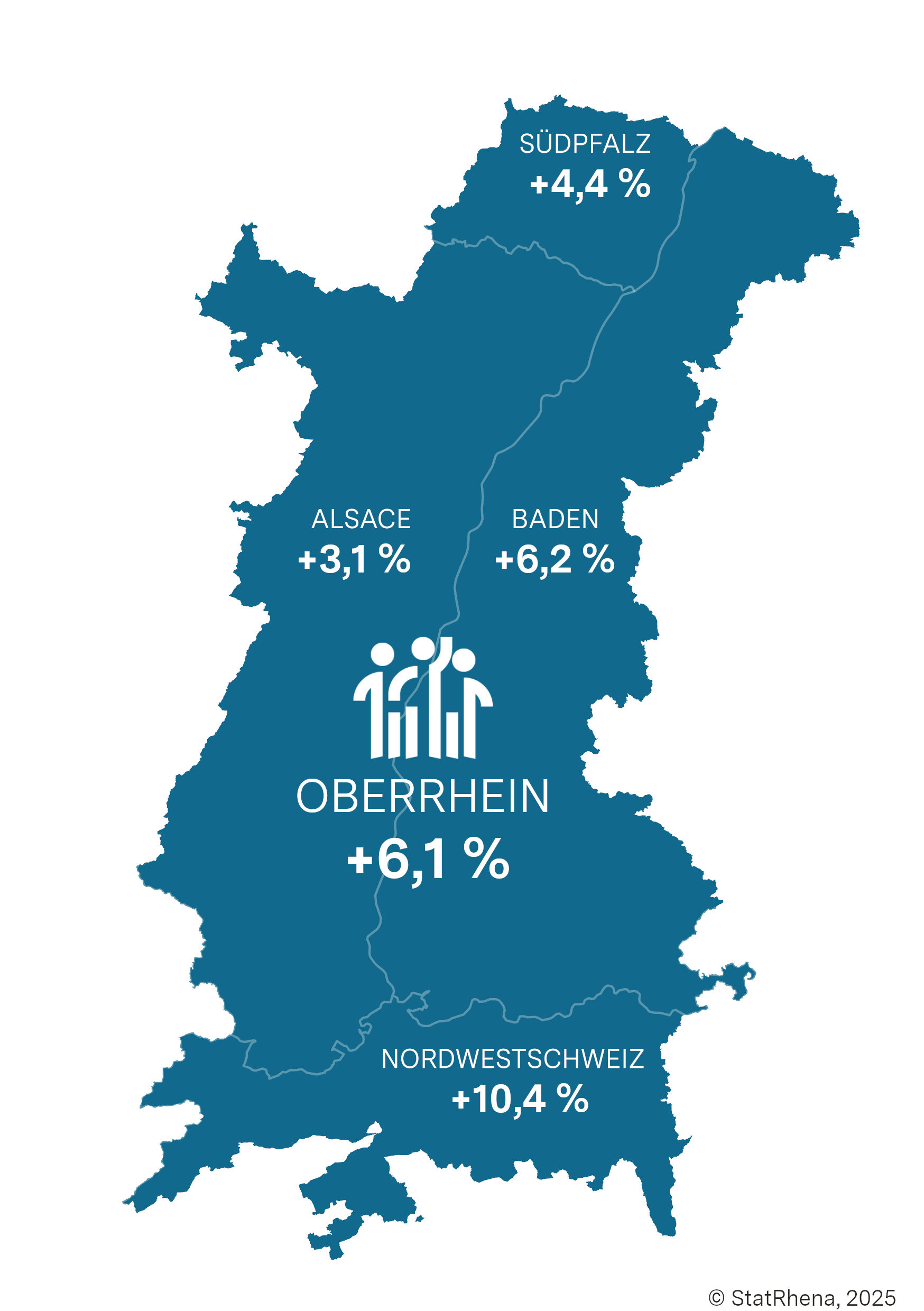 Karte der Oberrhein-Region mit Daten zum Bevölkerungswachstum 2013 – 2023