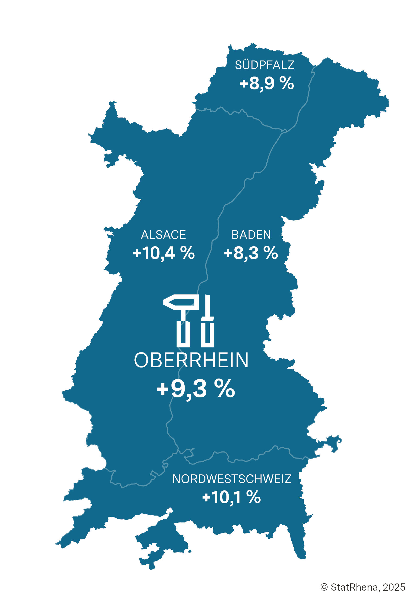 Karte der Oberrhein-Region mit Daten zur Entwicklung der Erwerbstätigen 2012 – 2022